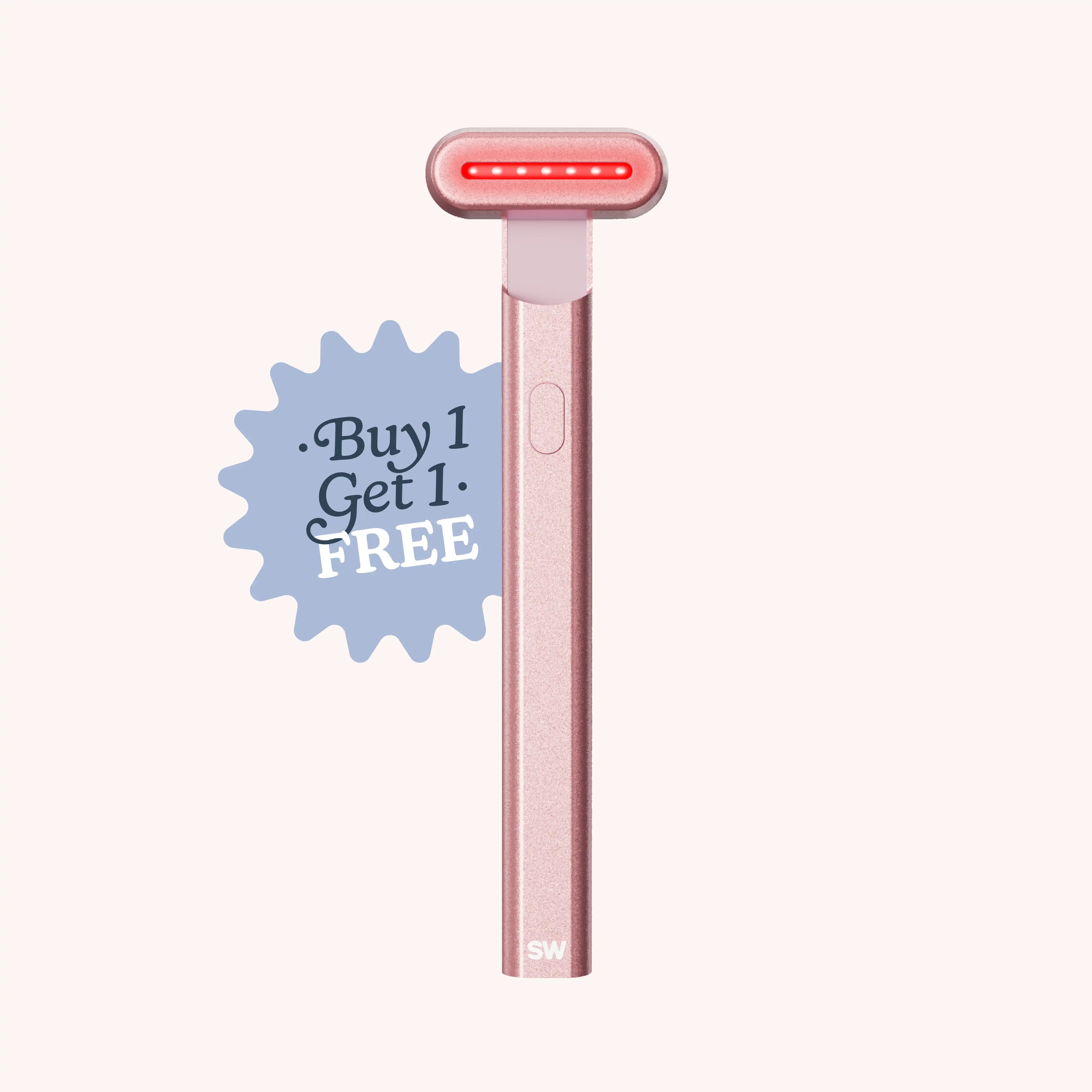 Rose gold handheld device with red light on a white background, featuring a 'Buy 1 Get 1 Free' label. || Rose Gold