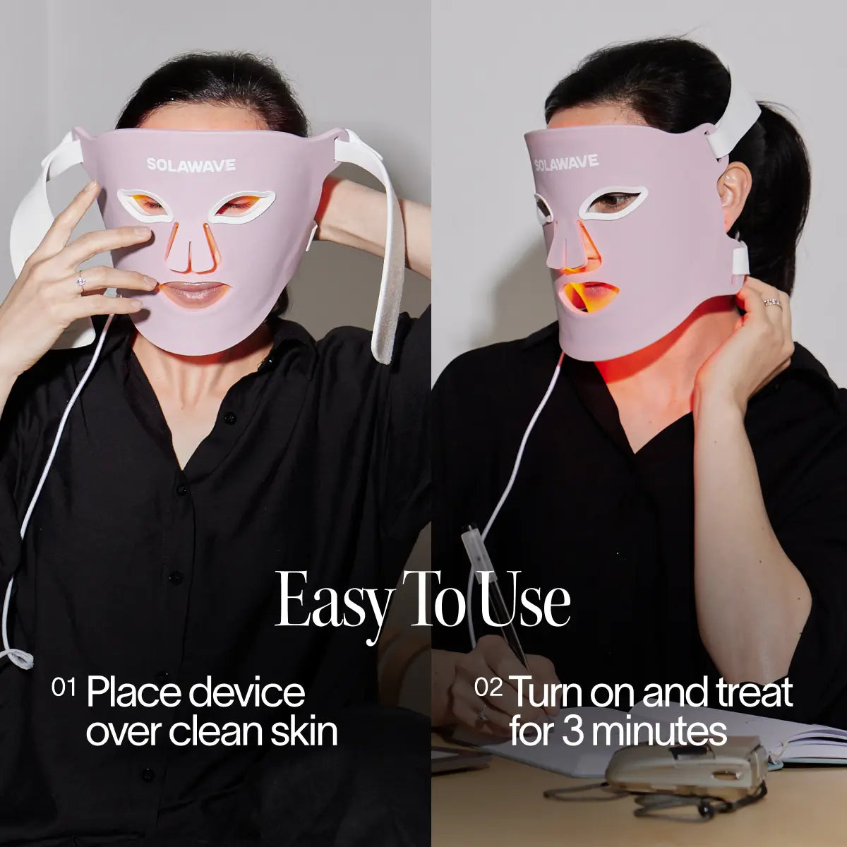 A person uses the Solawave Wrinkle Retreat Pro LED Face Mask—first applying to clean skin, then activating red, infrared, deep red, and amber light therapy. Text overlays guide this simple anti-aging routine while seated at a table.