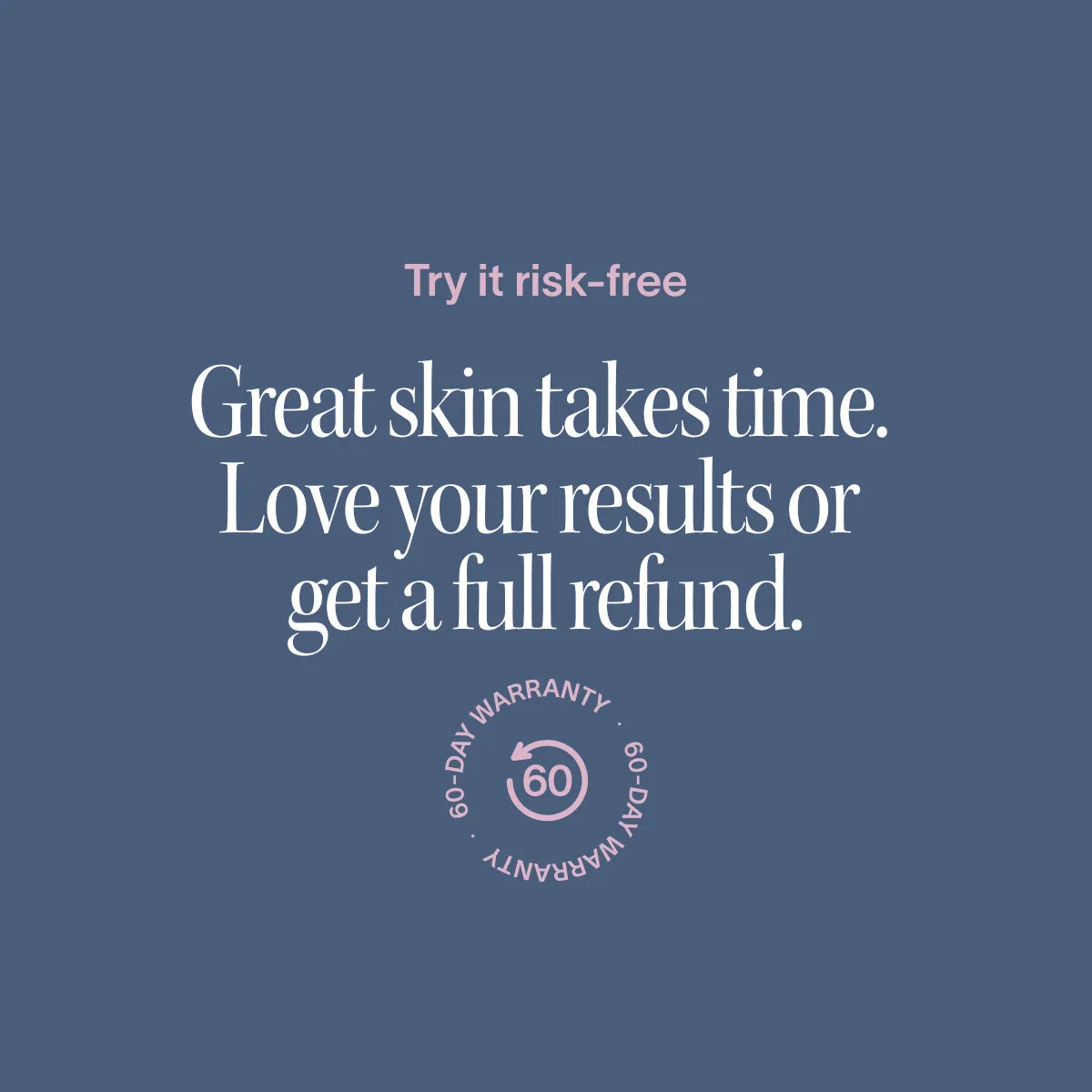 Text on a blue background reads: Try it risk-free. The Solawave Wrinkle Retreat Pro LED Face Mask uses red, infrared, deep red, and amber light for glowing skin. Love your results or get a full refund. Beneath is a circular 60-day warranty badge.
