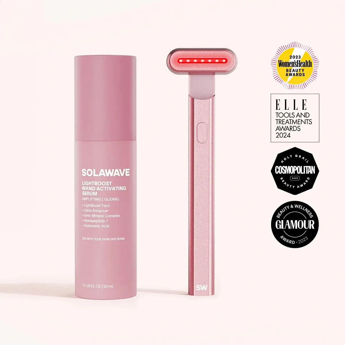 The Solawave 4-in-1 Red Light Therapy Wand & Activating Serum Kit for dark spots and fine lines is shown glowing red, with award badges from Women’s Health, Elle, Cosmopolitan, and Glamour on the right.  || Rose Gold